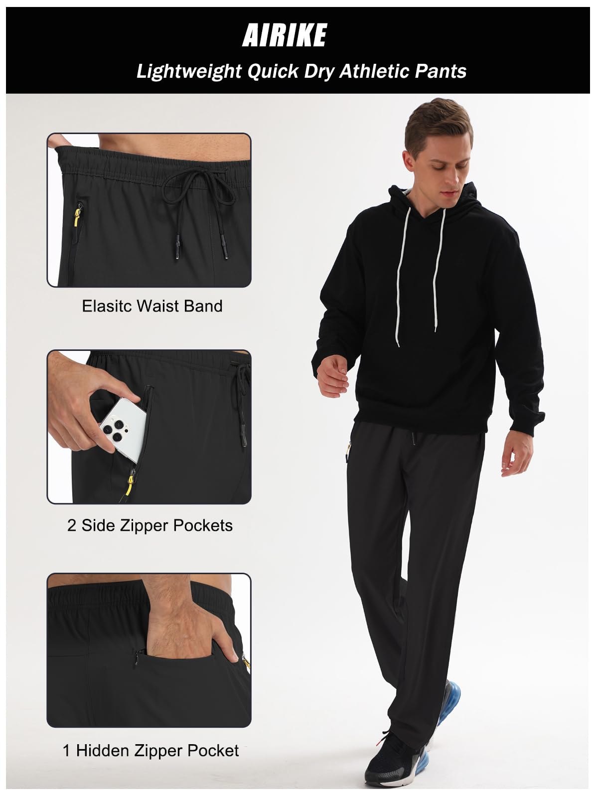 AIRIKE Athletic Pants for Men Water Resistant Quick Dry Lightweight Polyester Workout Warm Up Hiking Sweatpants with Pockets Black