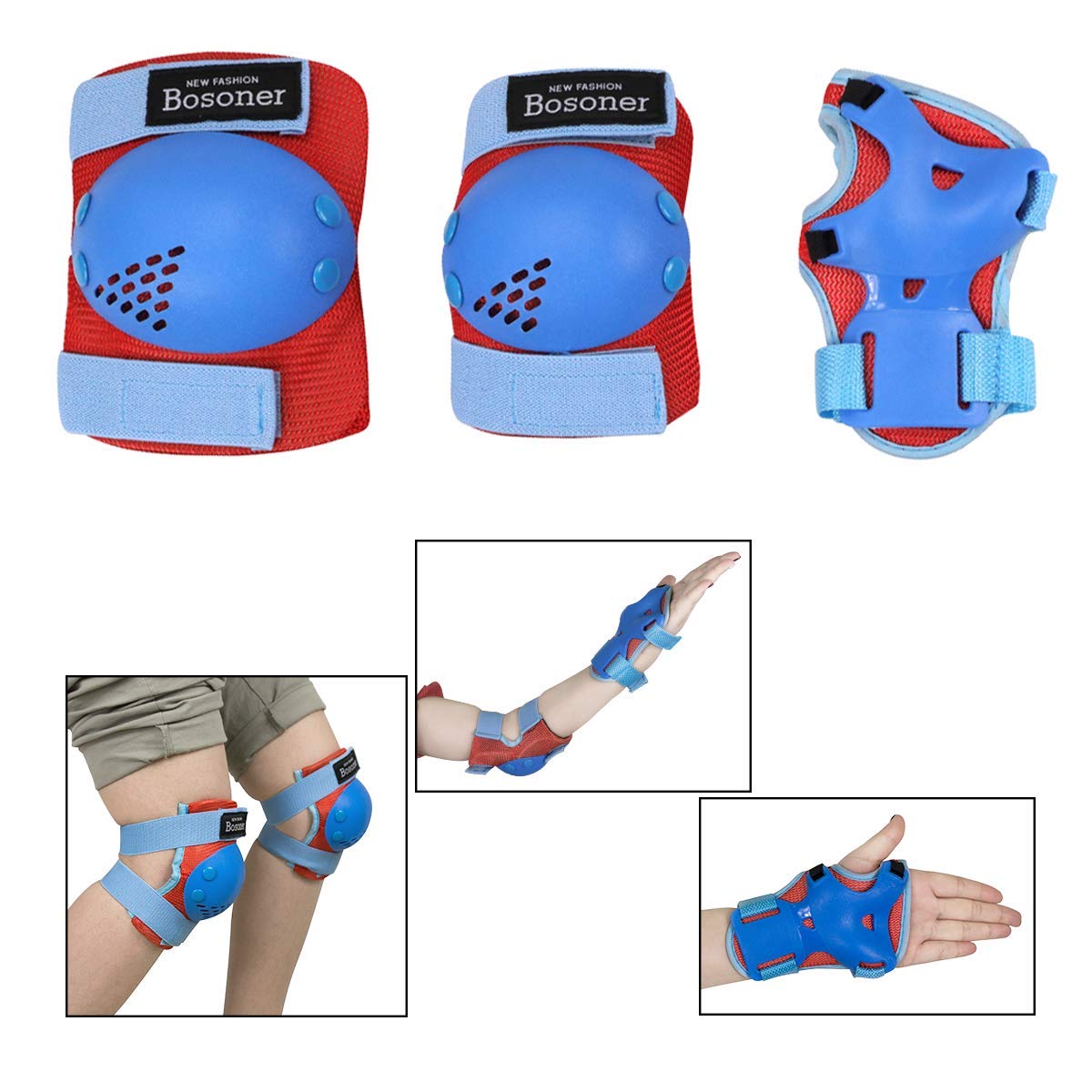BOSONER Kids Knee Pads Set for 3-15 Year, Knee Elbow Pads and Wrist Guards for Boys/Girls, Child Protective Gear for Biking, Skating, Skateboarding, Roller Skating, Cycling, Scooter