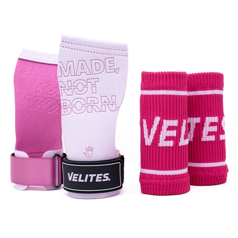 Velites - Official Games Quad Pro Grips - Size M Color Pink - with Chalk - Wristbands and Carry Bag Included - Pull-ups, Muscle-ups, and Toes-to-bar