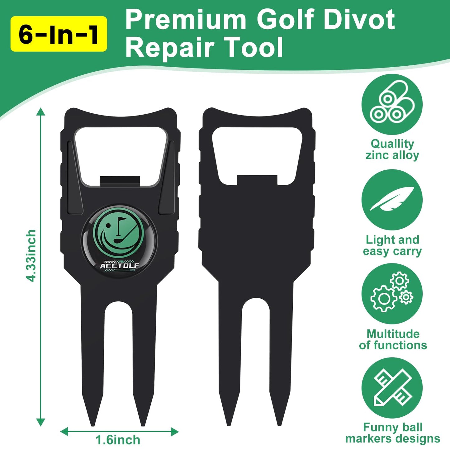 ACCTOLF 4Pcs Golf Divot Tool, 6 in 1 Premium Divot Repair Tool with Ball Marker, Ultimate Divot Tool for The Golf Green, Funny Golf Accessories Gift, Tee Holder, Groove Cleaner, Divot Repairer
