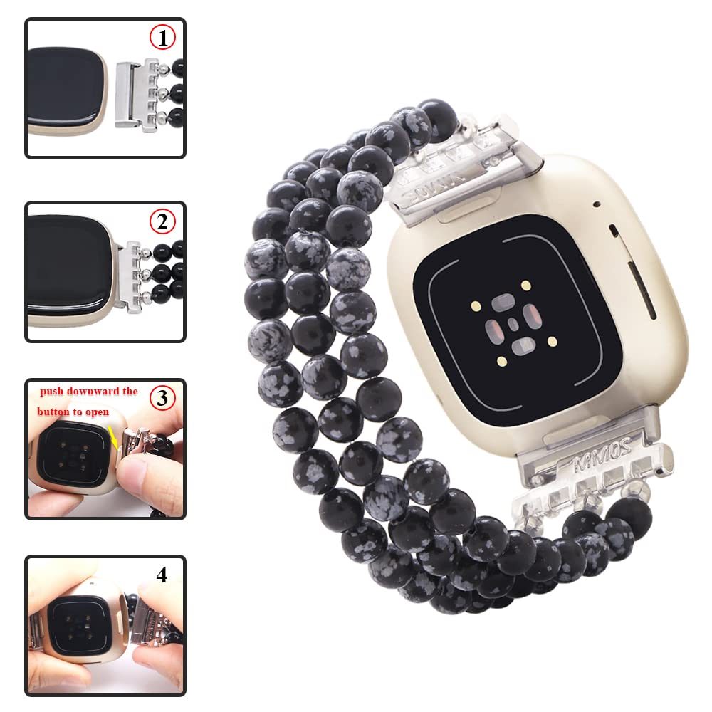 C&L Accessories Bracelet Compatible with Fitbit Versa 3/Fitbit Versa 4/Fitbit Sense 2/Fitbit Sense Bands for Women, Beaded Wristband Straps (Snowflake Obsidian)