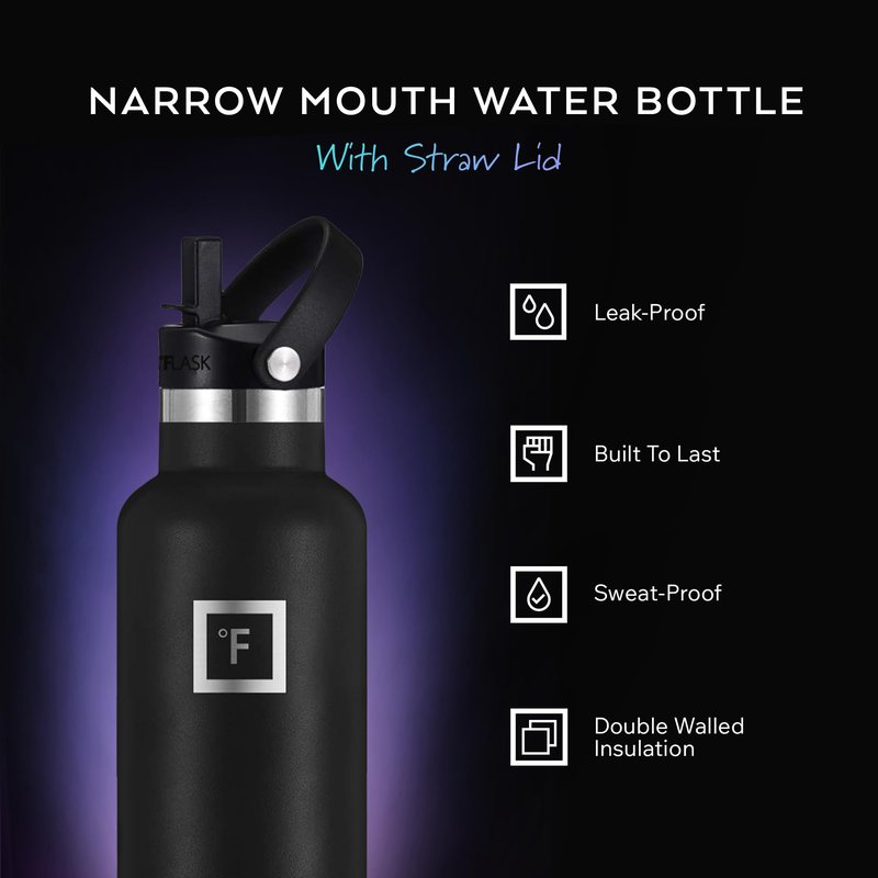 IRON °FLASK Camping & Hiking Hydration Flask with Straw, Narrow Mouth Insulated Stainless Steel Sports Water Bottle - Dark Pine 24 oz - Straw (1 Lid)