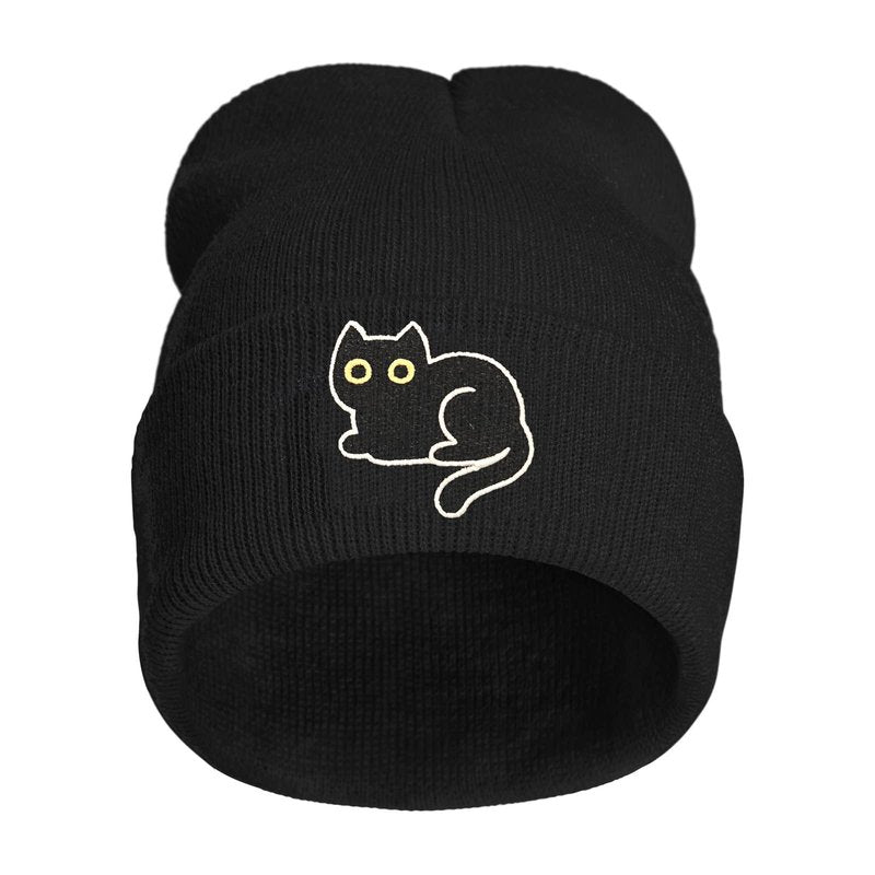 FUNCOOLCY Black Cat Embroidery Beanie Hat,Winter Warm Knit Cuffed Skull Cap for Men Women