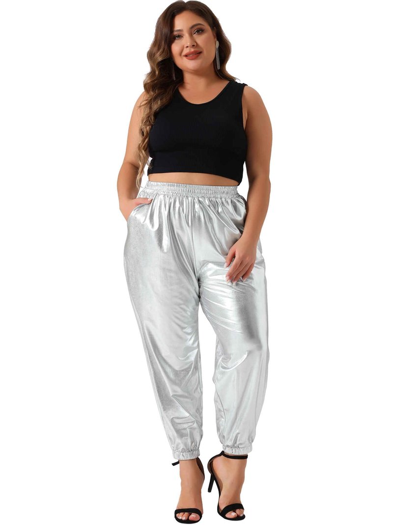 Agnes Orinda Plus Size Jogger Pants for Women Metallic Shiny High Waist Stretchy Wear Holographic Trousers Sweatpant 3X Silver