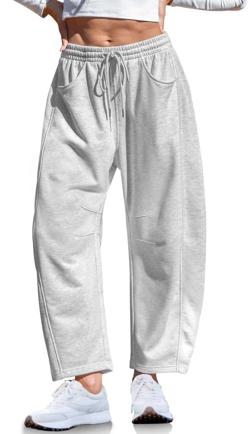 TARSE Women's Barrel Leg Sweatpant Drawstring Elastic Waisted Wide Leg Pants Casual Cotton Palazzo Trousers with Pockets, HeatherApricot M
