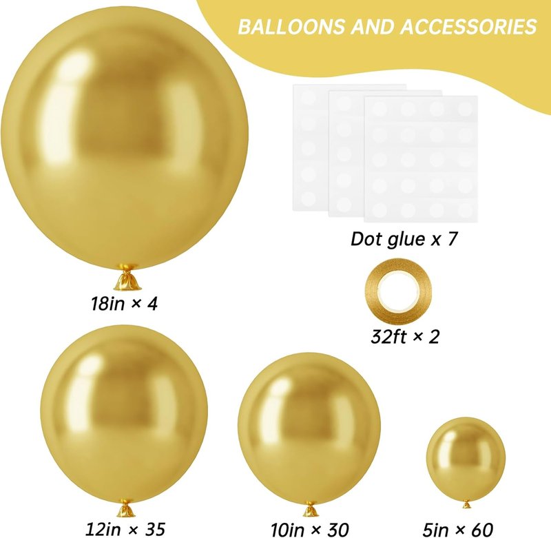 Gold Balloon Garland Arch Kit - 129pcs Metallic Balloons in 5-18 Inch Sizes for Graduation, Weddings, and Birthday Parties