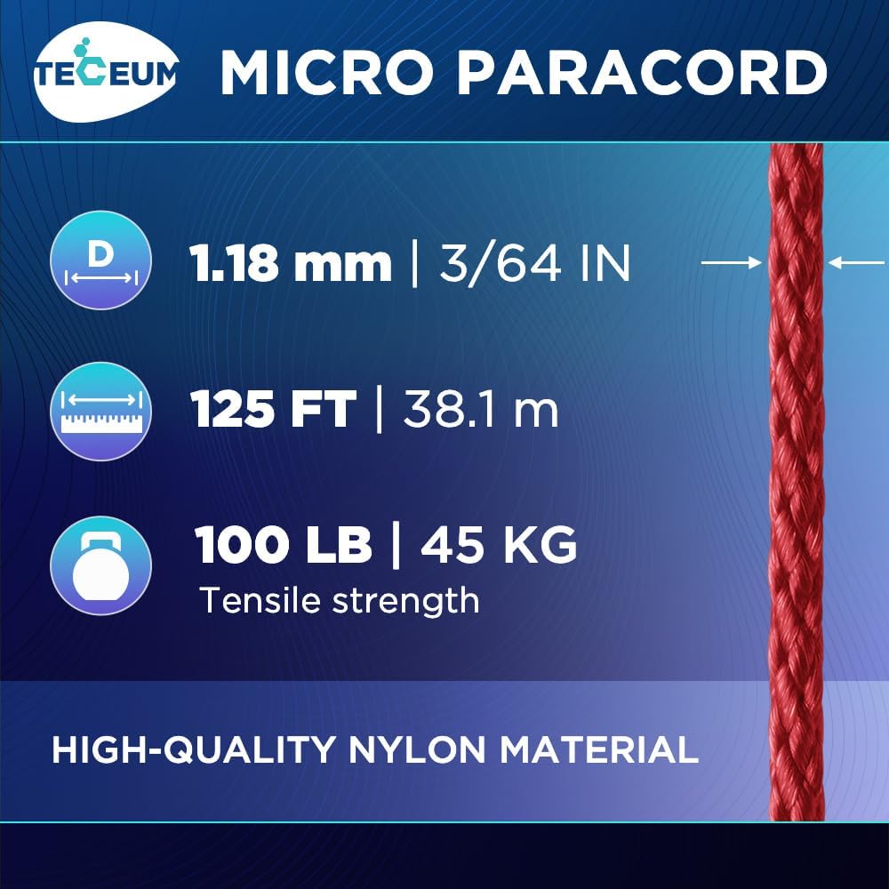 TECEUM Micro Paracord – Crimson – 1.18 mm x 125 ft – Micro Utility Cord – Thin Braided Paracord Rope Nylon Polyester – Wind Chime Replacement – Survival Strong String 324c nw