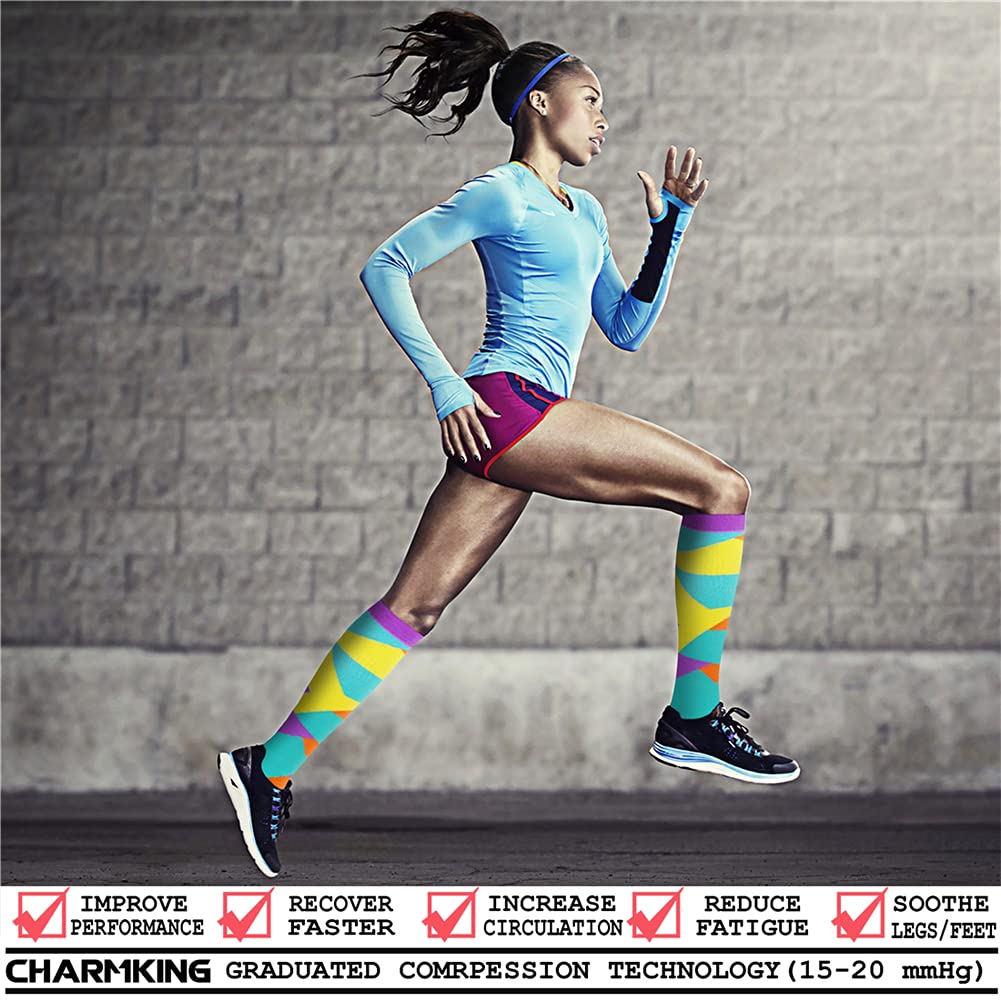 CHARMKING Compression Socks for Women & Men (8 Pairs) 15-20 mmHg Graduated Copper Support Calf Socks are Best for Pregnant, Nurses - Boost Performance, Circulation, Knee High Wide Calf(S/M, Multi 13)