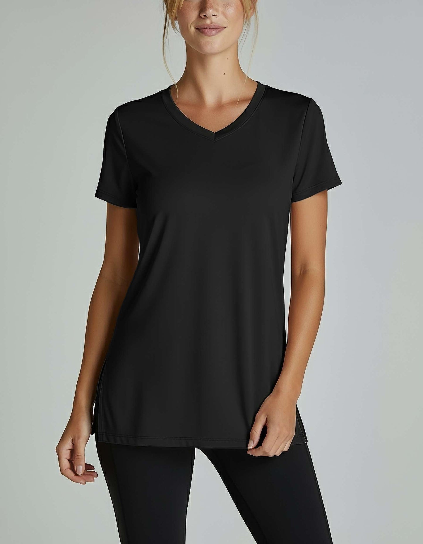 Real Essentials 5 Pack: Women's Short Sleeve Split Hem V-Neck T-Shirts, Athletic Tops, Gym, Workout, Yoga, Activewear- Set 2, S