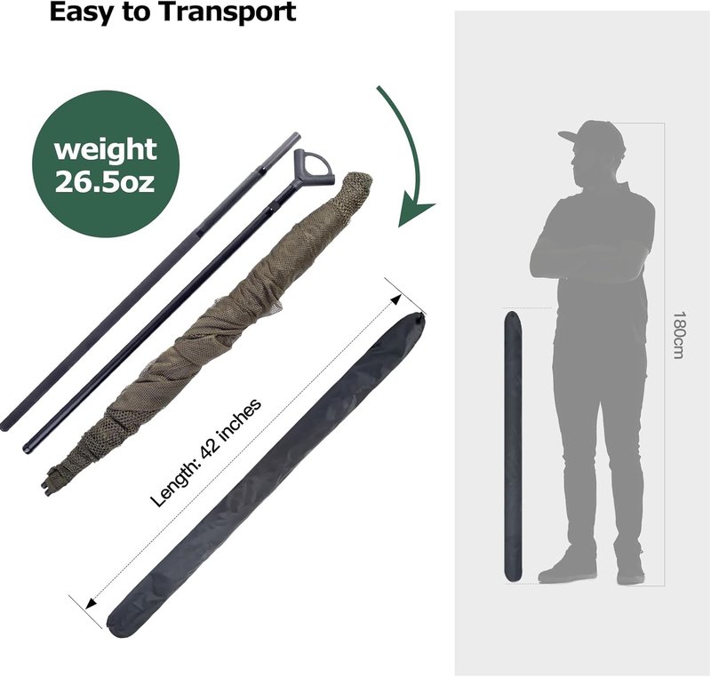 Carp Fishing Landing Net - 42 Inch Extra Large Carbon Fiber Net | 6 Feet Long Handle, Holds Up to 88lbs, Olive Green