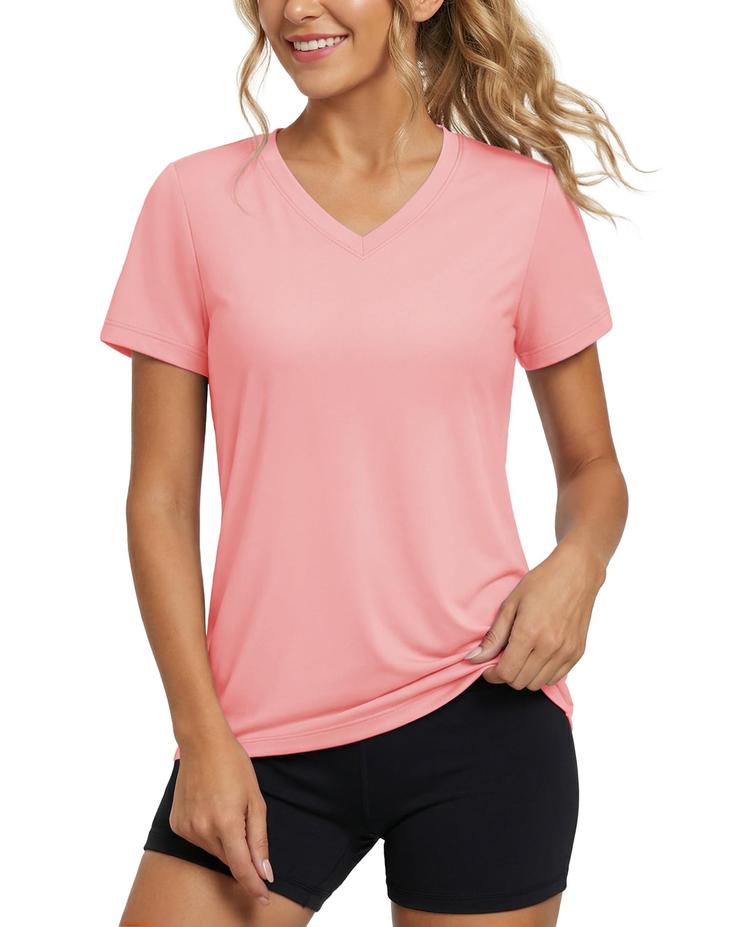 MAGCOMSEN Short Sleeve Workout Tops for Women V Neck T Shirts UPF Summer Tees Breathable Gym Hiking Yoga Tops, Pink, L