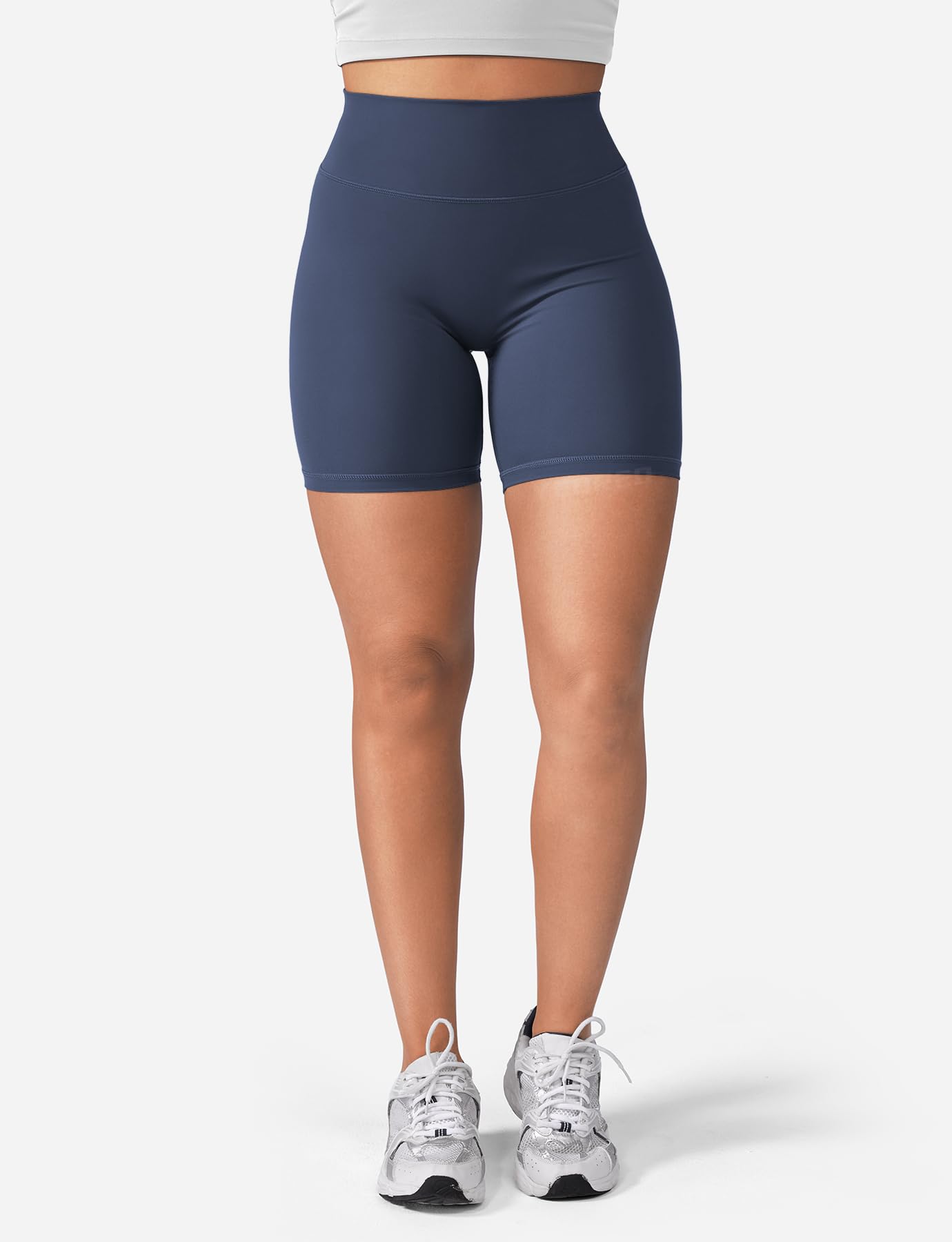 YEOREO Women's Biker Shorts 4.5" / 6" Workout Gym Shorts Craze High Waist Tummy Control Hidden Scrunch Running Yoga Navy Blue L