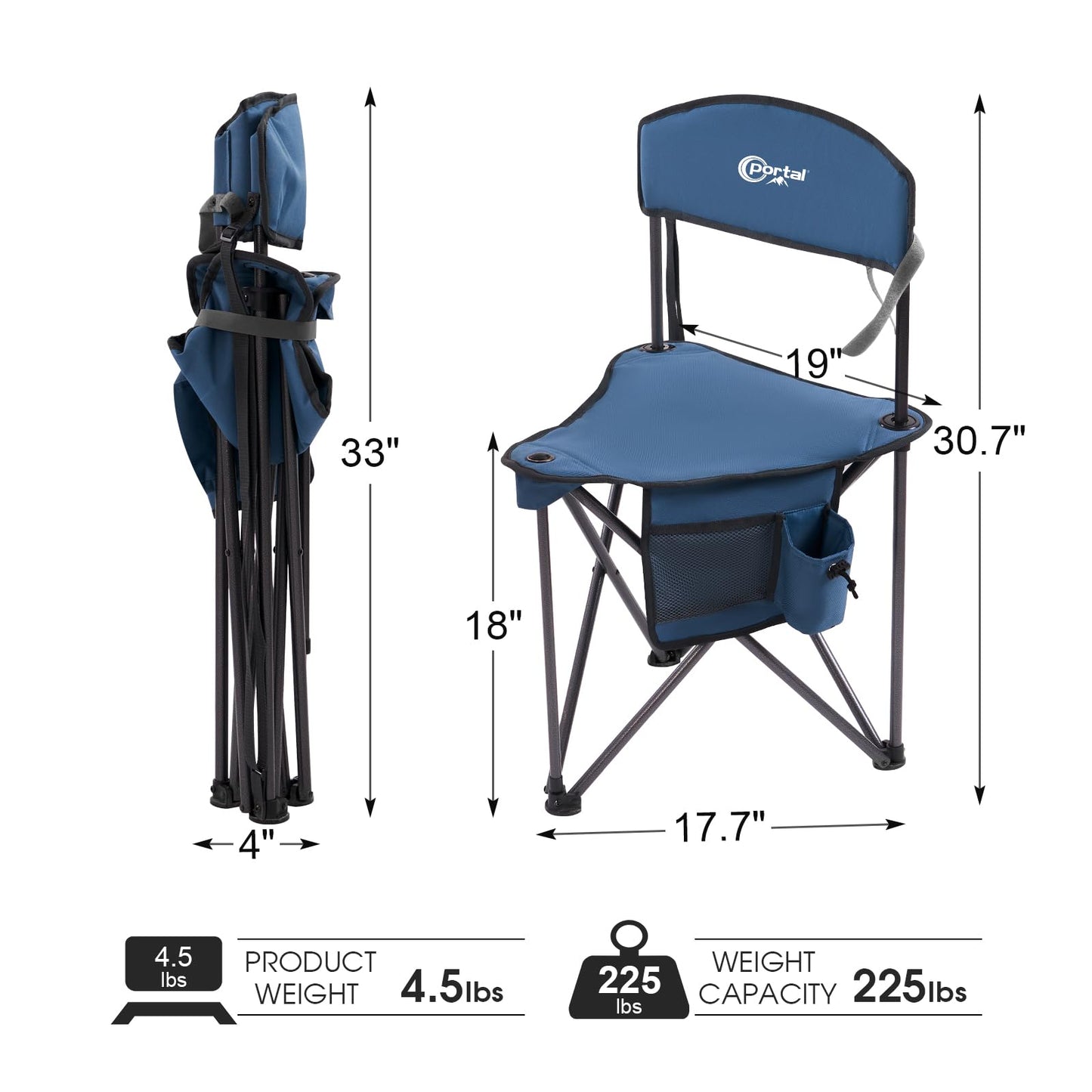 PORTAL Extra Large Quick Folding Tripod Stool with Backrest Fishing Camping Chair with Carry Strap, Blue