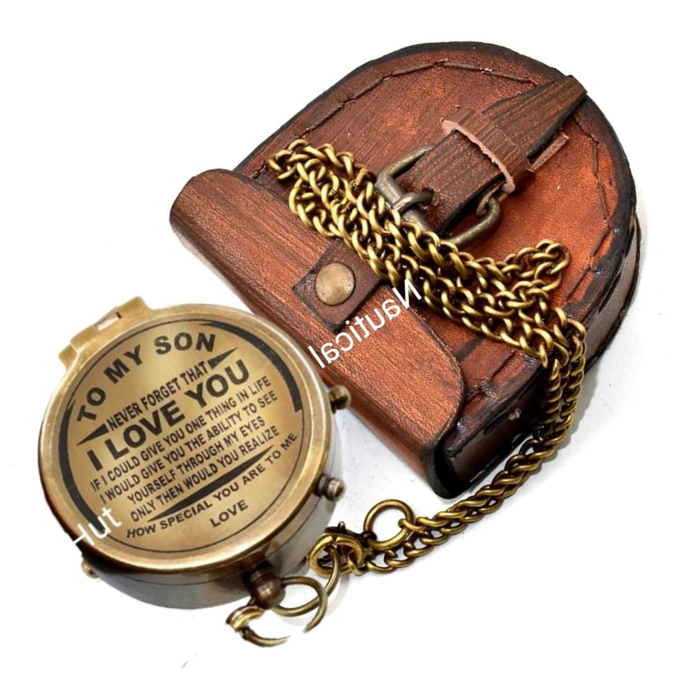 to My Son Brass Engraved Compass – Vintage Pocket Compass with Leather Case, Solid Antique Brass Navigation Compass, Personalized Engraved Gift from Mom to Son for Graduation, Birthday, Christmas
