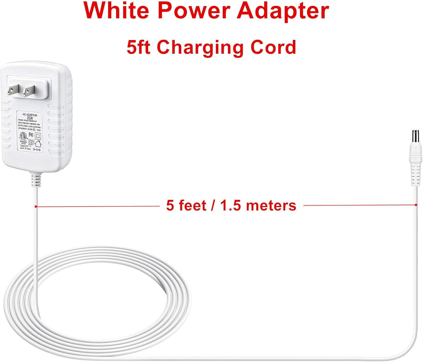 30W Power Cord Adapter for Echo Show 8, 10, 15 & 21 | 5ft White Wall Charger Cable