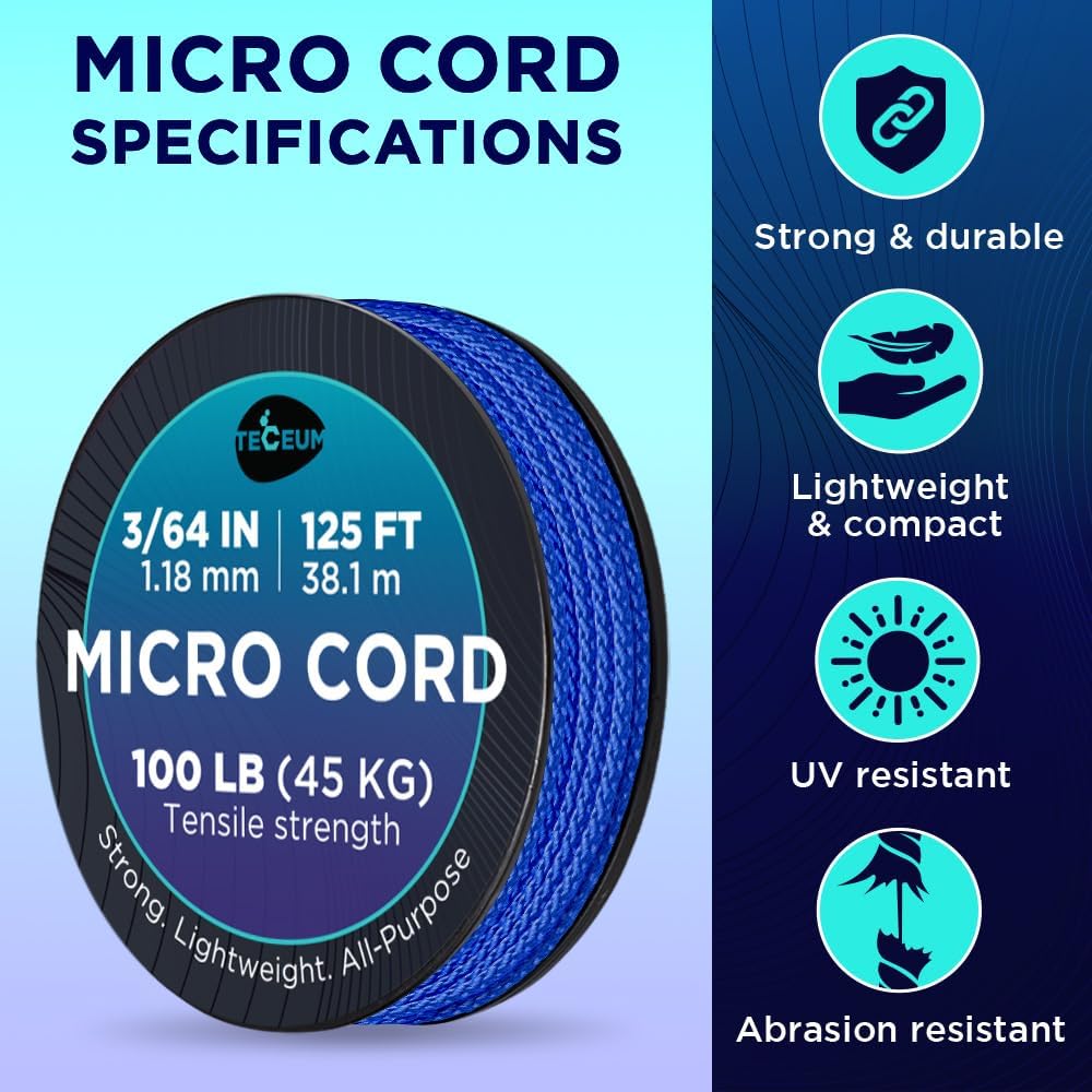 TECEUM Micro Paracord – Simple Blue – 1.18 mm x 125 ft – Micro Utility Cord – Thin Braided Paracord Rope Nylon Polyester – Wind Chime Replacement – Survival Strong String 001c nw