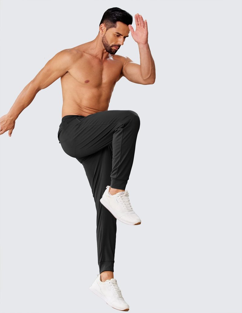 PINSPARK Men's Joggers with Zipper Pockets Stretch Lightweight Athletic Track Pants Gym Quick Dry Workout Pants for Men Black Medium