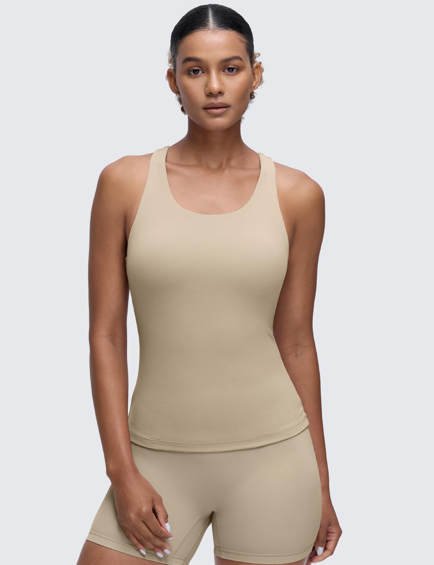 CRZ YOGA Butterluxe Workout Racerback Tank Tops for Women - Padded Athletic Spandex Yoga Shirts with Built in Bra Oak Large