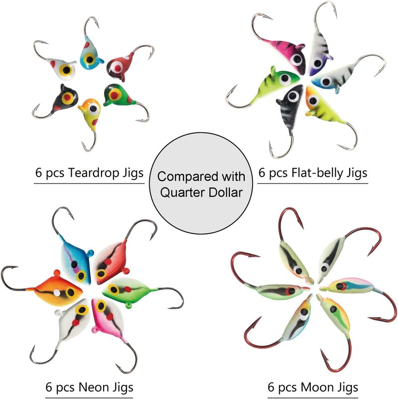 BASSDASH Ice Fishing Lure Kit - Glowing Paint Jigs for Crappie, Sunfish, Perch & Walleye | Includes Tackle Box