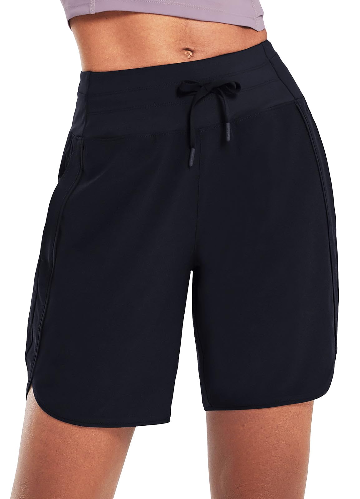 baleaf Women's 7" Long Running Shorts Athletic Workout Gym Quick Dry Hiking Shorts High Waisted Zipper Pocket Black S