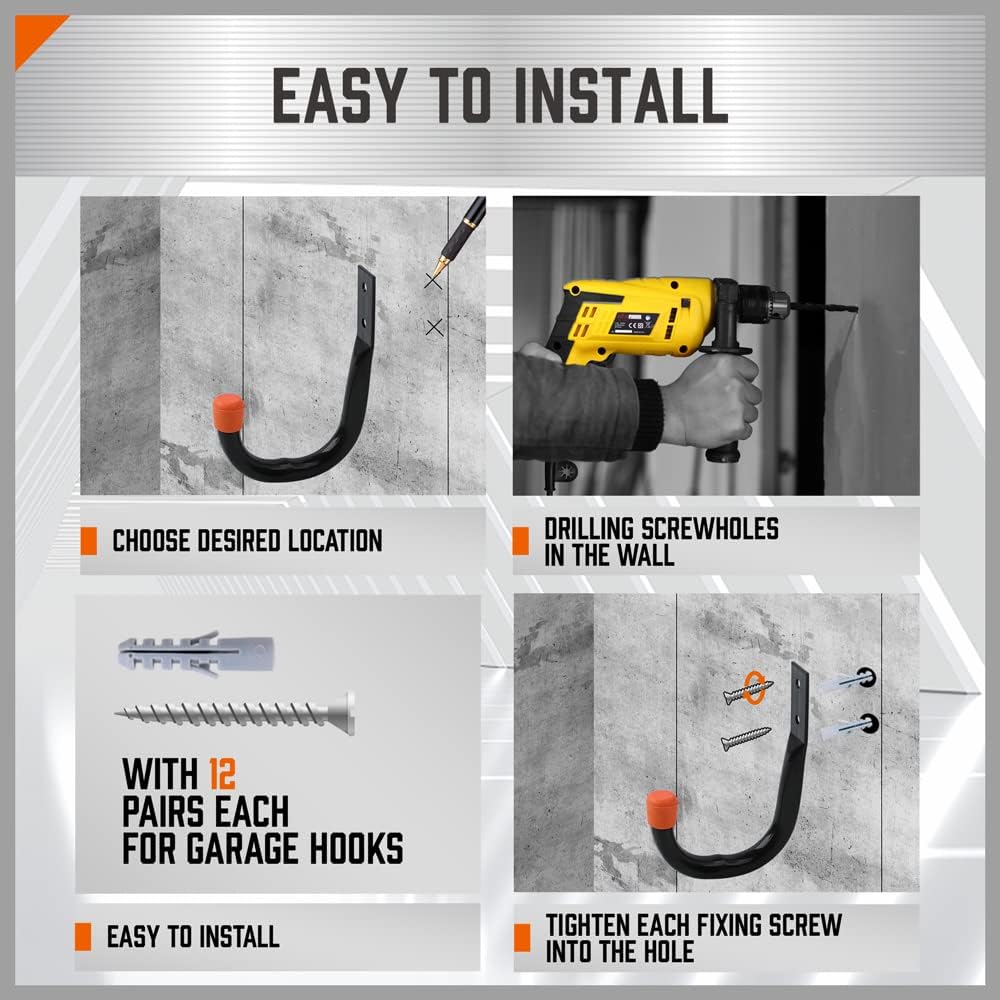Heavy Duty Metal Wall Hooks - 6-Pack Large Garage Storage & Organization Hooks for Tools, Ladders, Bags | Wall Mount J Hooks, Black