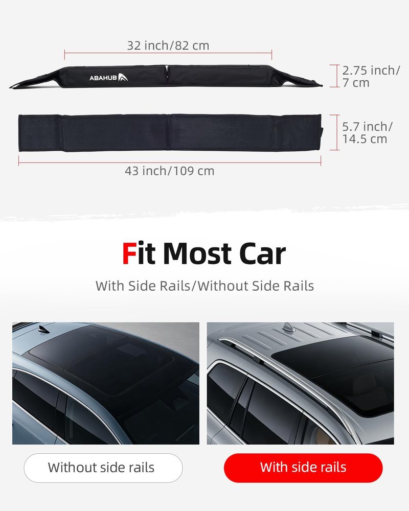 Abahub Soft Roof Rack Pads with 2 Tie Down Straps, 2 Tie Down Ropes, 2 Hood Loops and Storage Bag, for Surfboard, Kayak, Canoe, Heavy Duty Universal Car Roof Racks System Black 32 inch