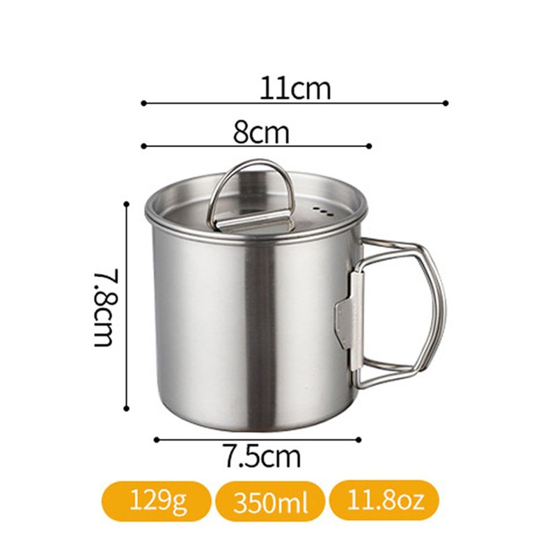 Tomotato Stainless Steel Camping Cup with Foldable Handle, 12oz Lightweight Single Wall Backpacking Cup with Lid, Portable Mug for Outdoor Cooking, Hiking, Travel, Fishing (350ml)