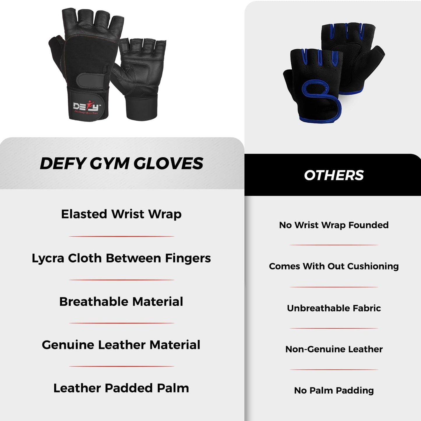 DEFY Padded Weight Lifting Gloves with 13" Long Wrist Wrap Genuine Leather Gym Gloves for Power Lifting, Cross Training, Workout Black (Medium)