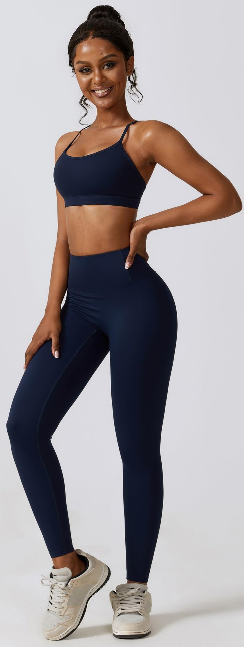 3 Piece Women Workout Set Sports Bra Crop Top Jacket with Thumb Holes Tummy Control High Waist Leggings M Navy Blue