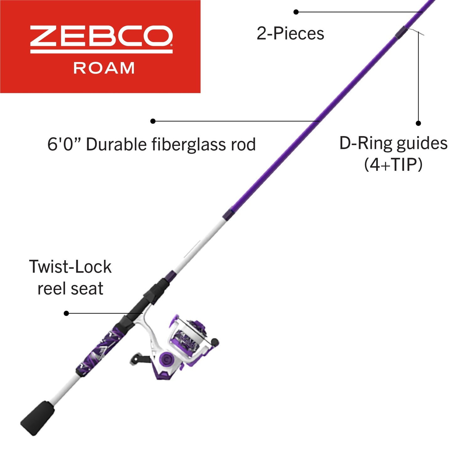 Zebco Roam Spinning Reel and Fishing Rod Combo, 6-Foot 2-Piece Fiberglass Rod, Split ComfortGrip Handle, Size 20 Reel, Reversible Retrieve, Purple