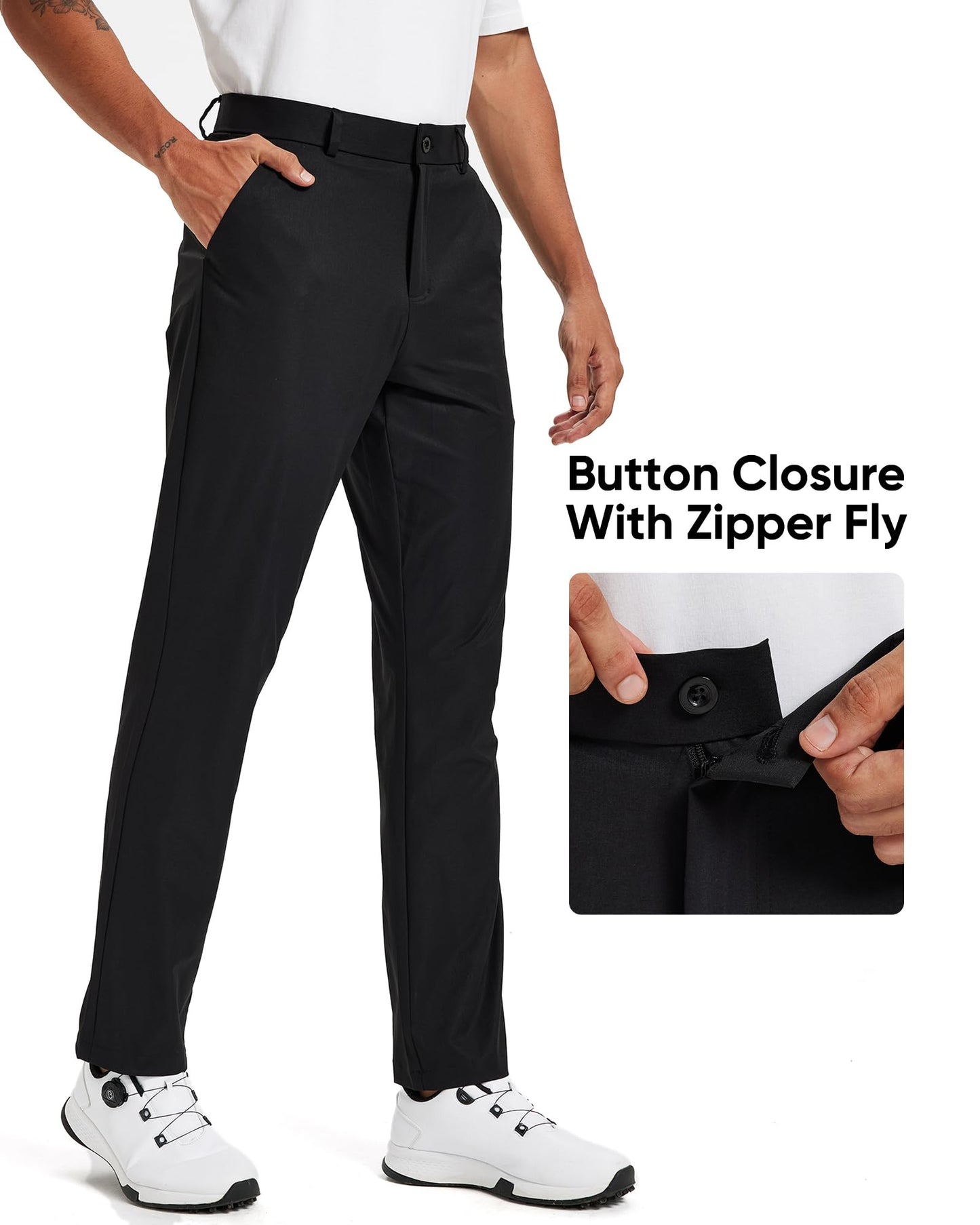 Vytroon Mens Golf Pants All-Day Stretch Chinos 30"/32"/34" Water-Resistant Quick Dry Lightweight Work Dress Trousers with 4 Pockets for Business Casual Travel, Black, 32W x 30L