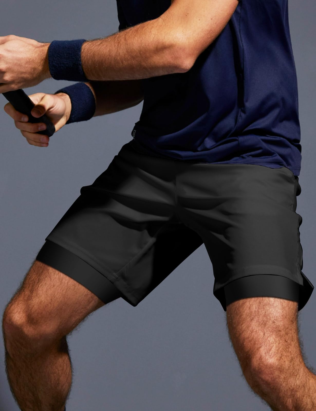 Aolesy Men’s 2 in 1 Running Shorts 7 Inch Quick Dry Workout Gym Shorts with Pockets Tennis Training Athletic Shorts with Liner for Men Black