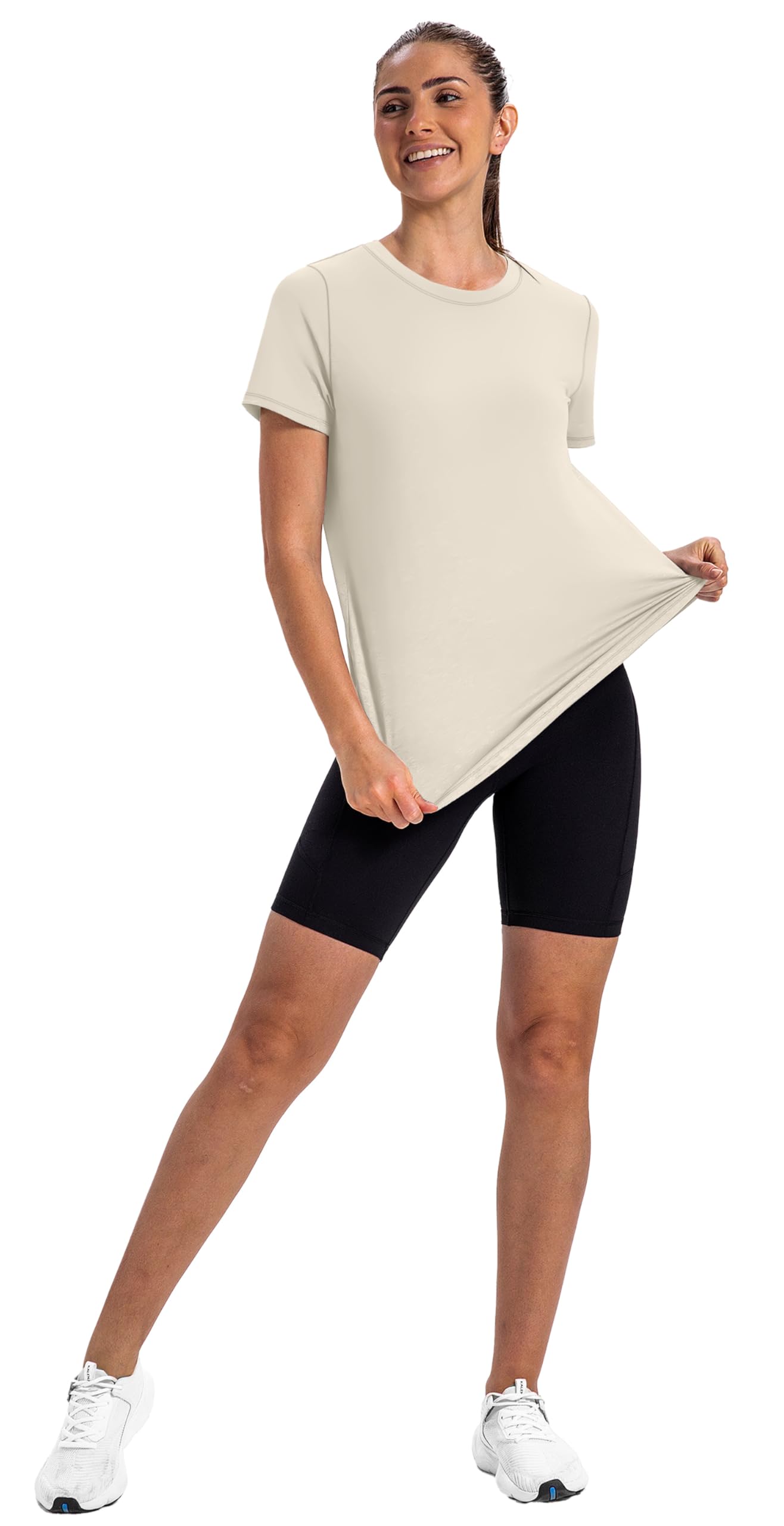 NIASHOT Summer Workout Tops for Women Womens Dry Fit T Shirts Short Sleeve Basic Fitness Clothing Womens Athletic Yoga Tops Pilates Outfits Gym Running Shirts Rash Guard Ivory L