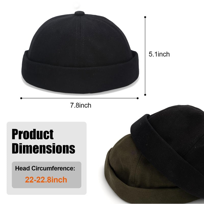 Mens Brimless Cap Cotton Docker Hat, Classic Skullcap Beanie Sailor Cap for Casual Work and Daily (Black)