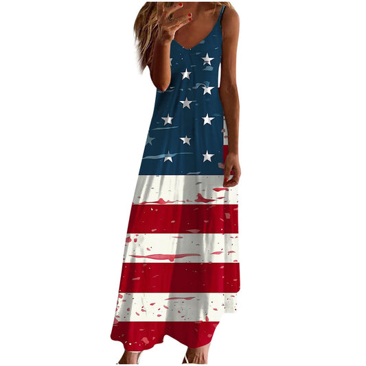 Early Prime of Deals of The Day Today Only Summer Dresses for Women 2024 Trendy Stars Strips Printed Sleeveless V Neck Patriotic Sundress 4th of July Maxi Dress