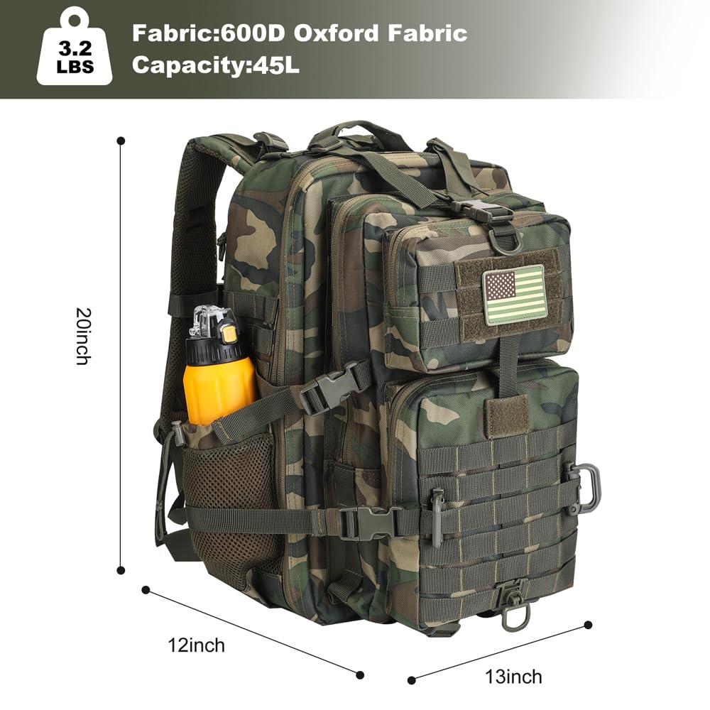 Hannibal Tactical 45L MOLLE Assault Backpack, Tactical Backpack Military Army Camping Rucksack with Bottle Holder, 3-Day Pack Trip w/USA Flag Patch, D-Rings, US Woodland