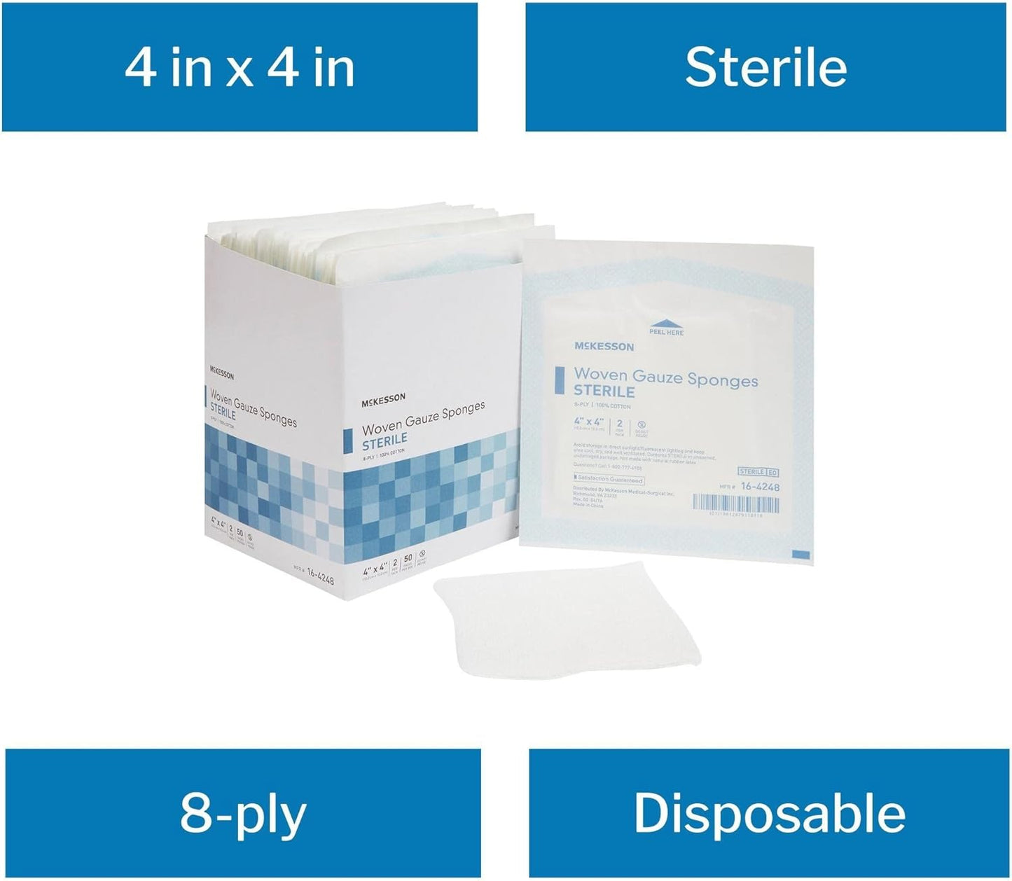 Woven Gauze Sponges - Sterile 8-Ply 100% Cotton | 4 in x 4 in, 50 Packs of 2 (100 Total)