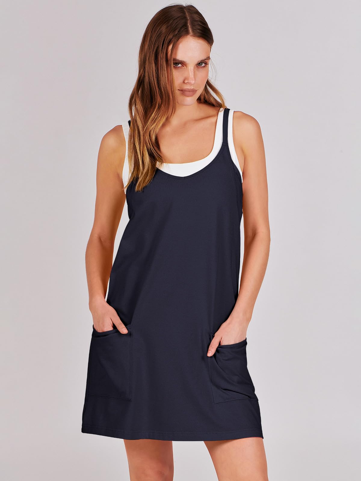 ANRABESS Women Athletic Dress Summer Tennis Workout Active Sports Mini Romper Dress Built in Shorts Travel Vacation Clothes Navy Blue Small