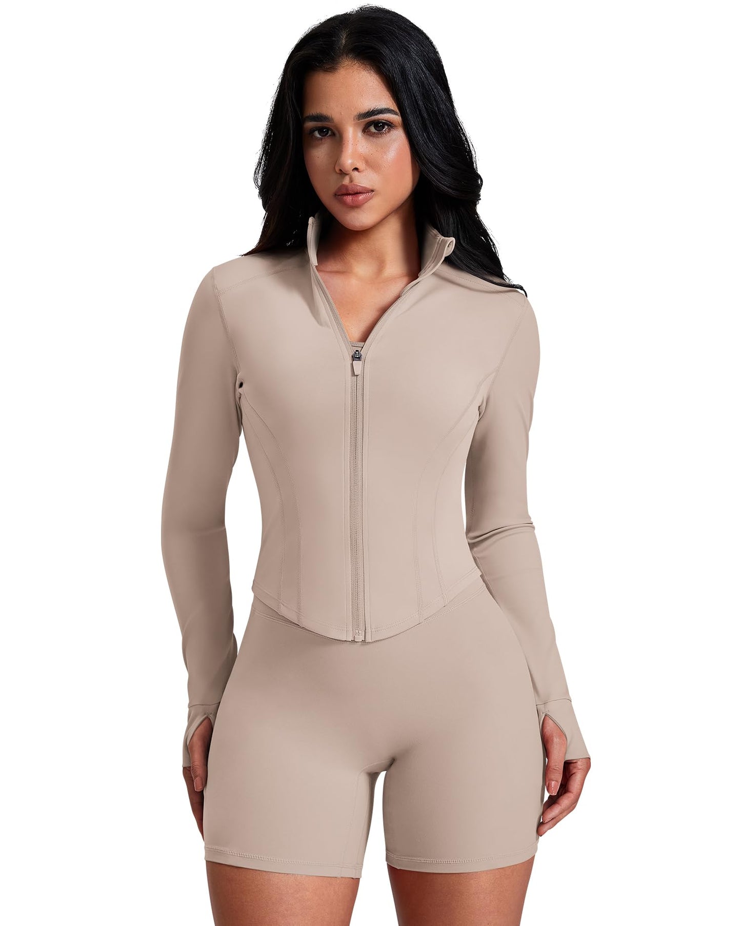 AVGO Athletic tops for women Zip Sports Lightweight Jacket Comfy Slim Fit Bbl Athletic Track Jackets With Thumb Holes (Almond, X-Small)