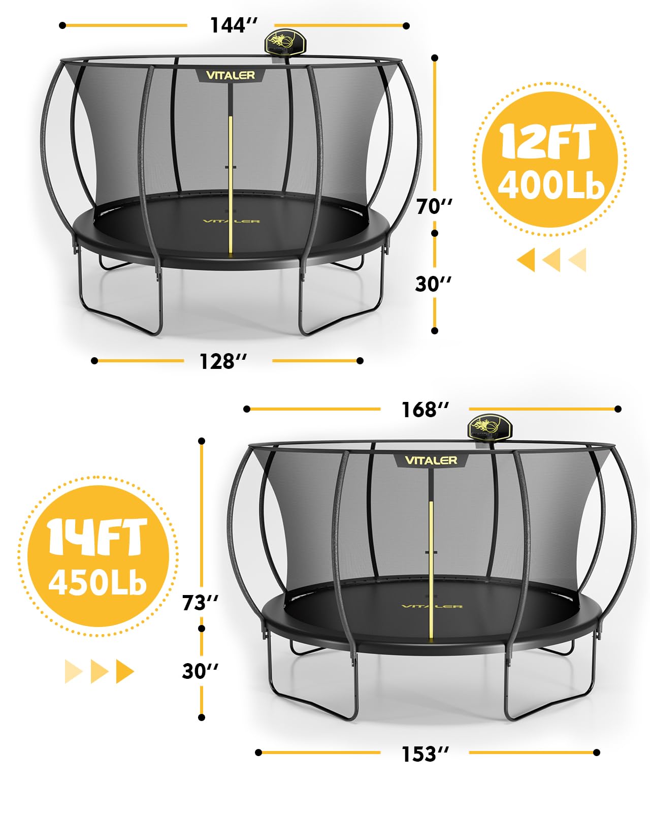 Vitaler Trampoline Outdoor 12FT with Basketball Hoop and Net Enclosure, Recreational Trampolines for Kids and Adults, Outdoor Backyard Trampoline with Anti-Rust Coated Frame, ASTM Approved