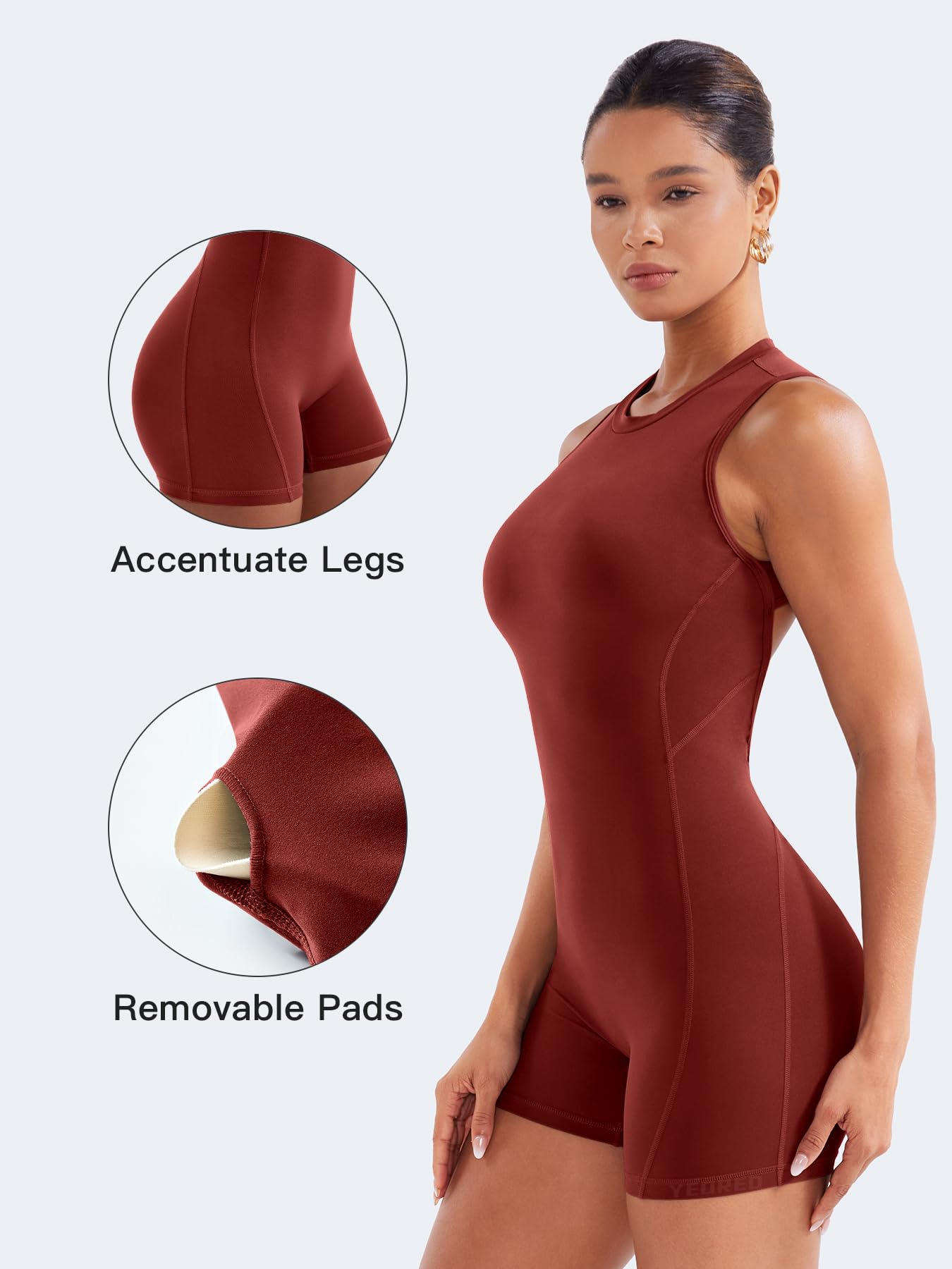 YEOREO Backless Workout Jumpsuits Women One Piece Sleeveless Jumpsuit with Pads Tessia Scrunch Butt Yoga Romper Red L
