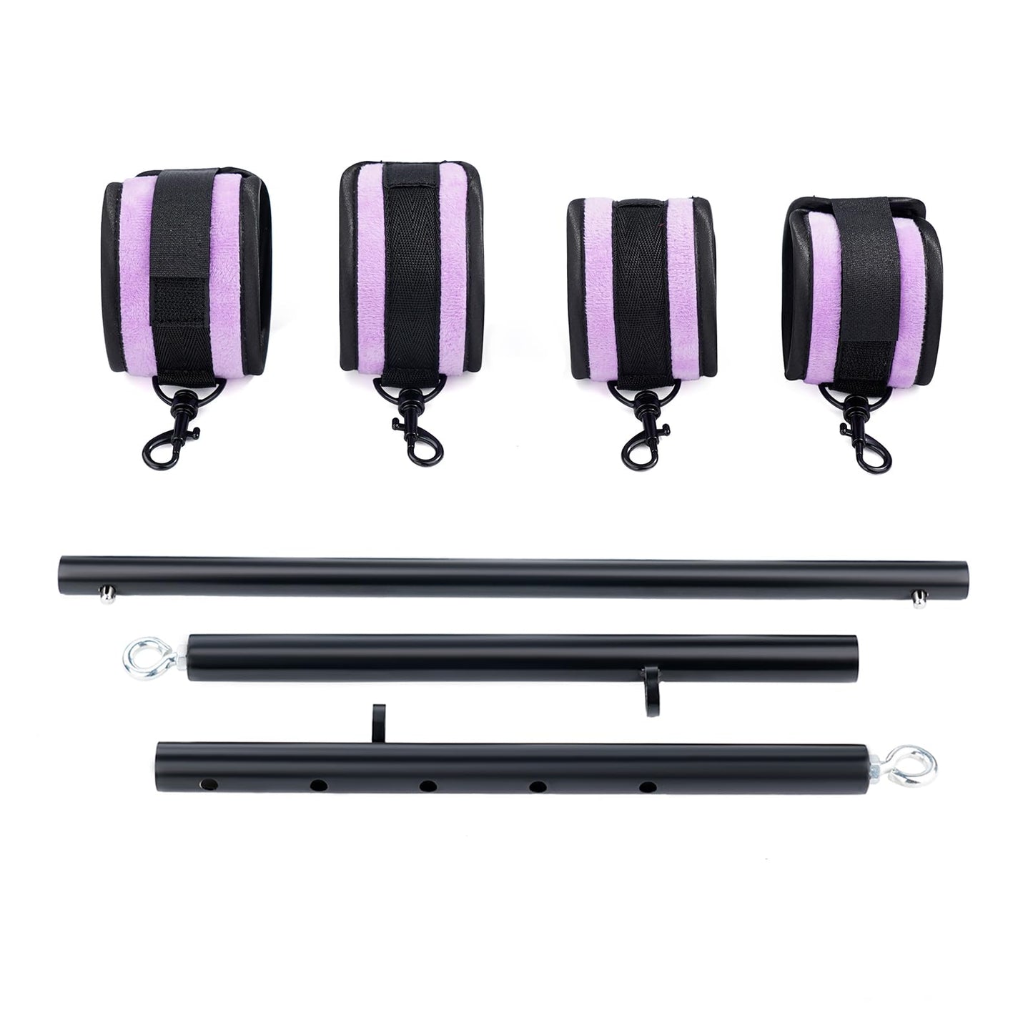 Black Heavy Duty Stainless Steel Expandable Spreader Bar with 4pcs Furry PU Purple Adjustable Straps, Training Fitness Kit,Home Indoor Sports Yoga Set