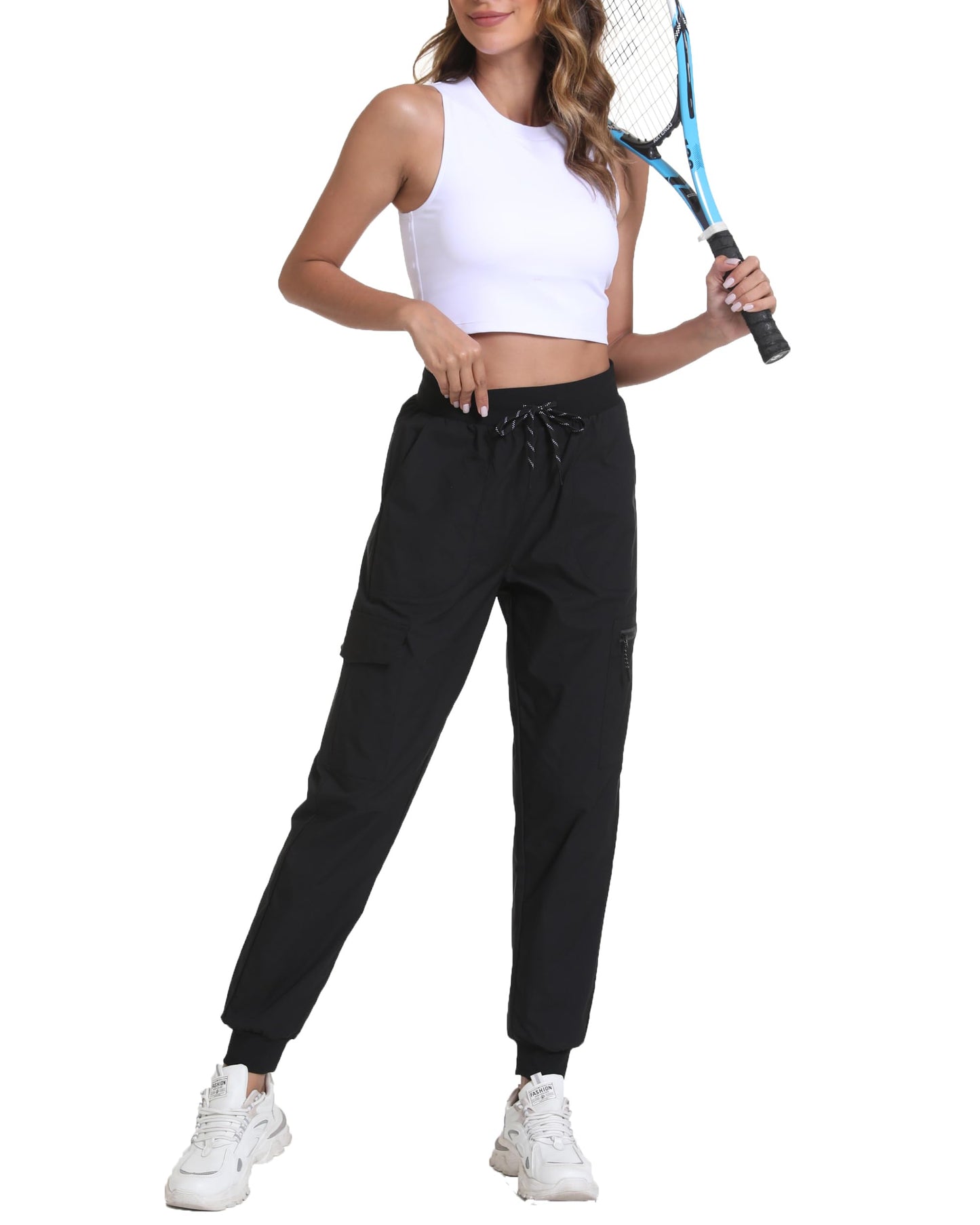 Womens Hiking Pants Water Resistant - Cargo Joggers for Women with Pockets Lightweight Quick Dry Travel Camping Pants(Tapered Black, Medium)