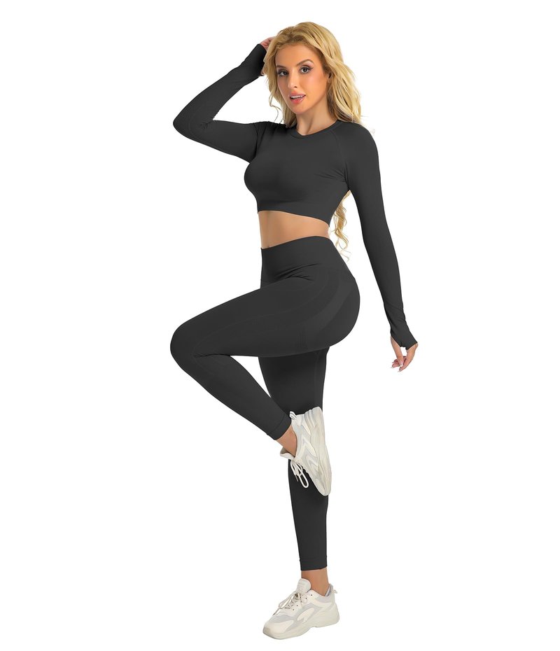 YOAKUKA 2 Piece Workout Legging Sets for Women Yoga Gym Outfit Seamless Long Sleeve Athletic Active Wear Tummy Control