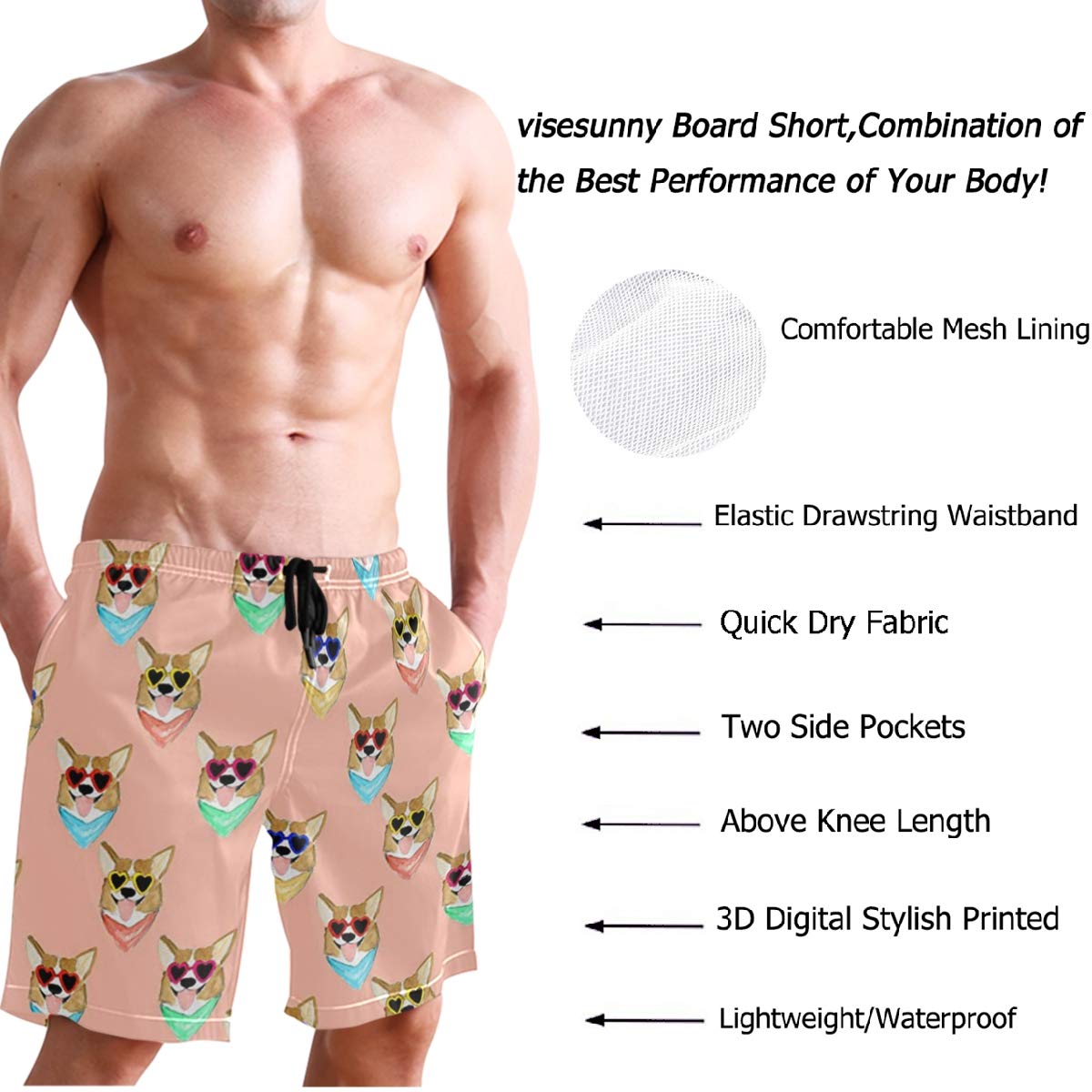 visesunny Cool Corgi with Sunglasses Animal Men's Beach Short Hot Summer Swim Trunks Sports Running Bathing Suits with Mesh Lining