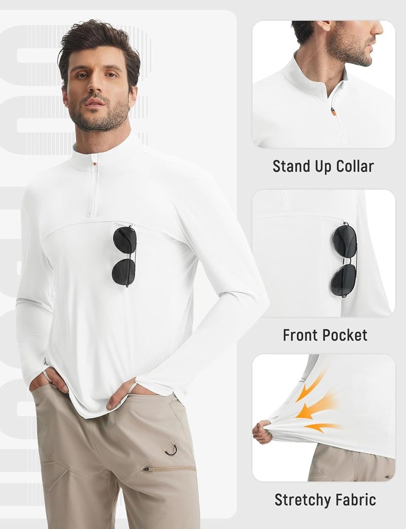 Men's Long Sleeve Sun Shirt - Quick Dry Lightweight UV Protection | 1/4 Zip Pocket Hiking & Running Top