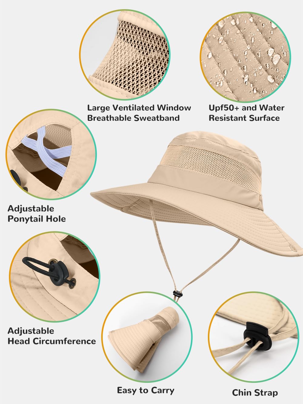 EW East Water Sun Beach Hat for Women, UPF50+ Waterproof with Ponytail Hole