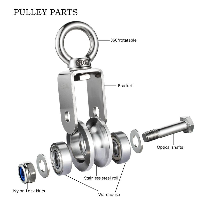 KCNOFNC Heavy Duty Cable Single Pulley Block Wheel, with Ball Bearings for Wire Rope, with 32ft(10m) 0.31in(8mm) Nylon Rope and Clip, DIY Pulley System for Gym Equipment Workout, Winch, Lifting, 1Pack