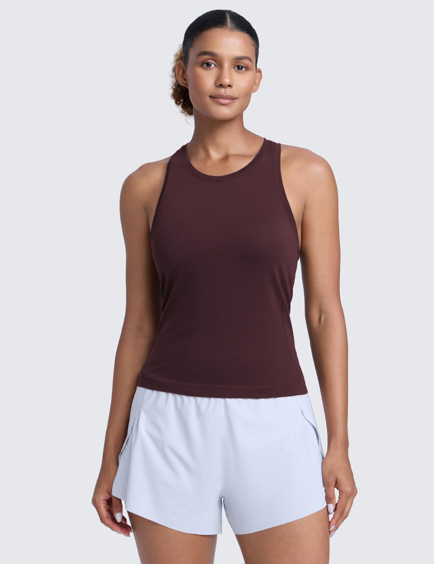 CRZ YOGA Seamless Workout Tank Tops for Women - Athletic Running Gym Sleeveless Shirts Crewneck Racerback Breathable Ripe Plum Small
