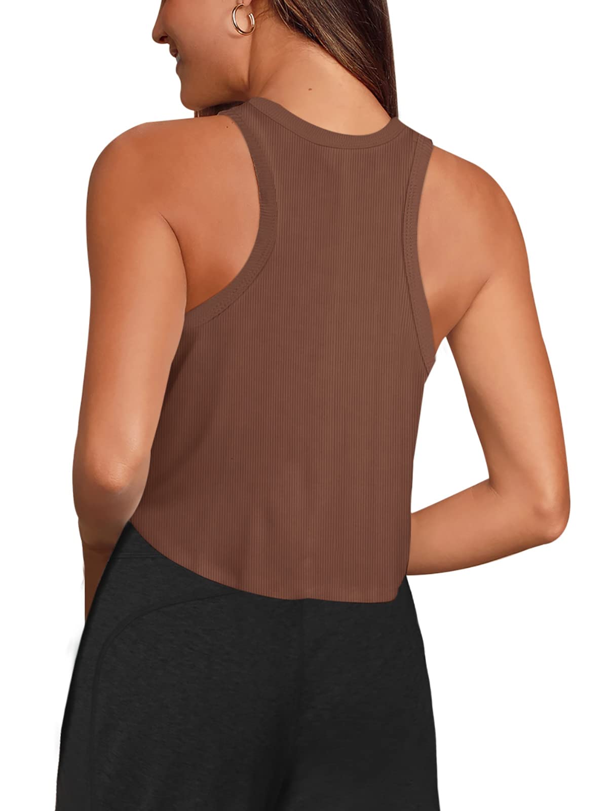 LASLULU Womens Athletic Crop Tops Sleeveless Workout Shirts Sexy Tops Flowy Running Shirts Gym Muscle Tank Casual Tops Racerback Tank Tops(Coffee Small)